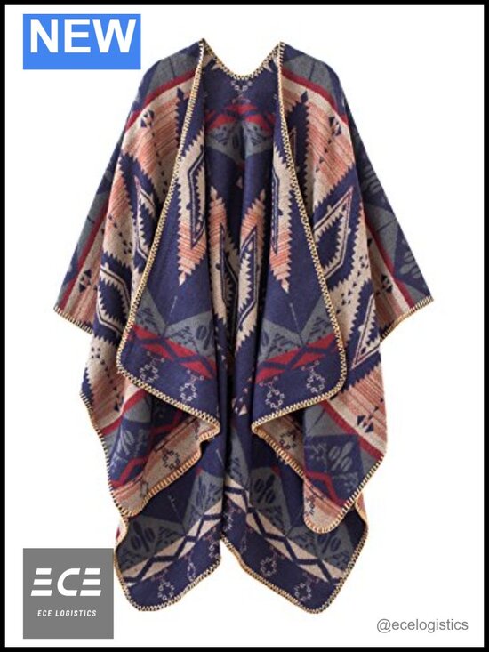 Accessories - Women's Color Block Open Front Poncho Shawl Wrap Cape Ruana